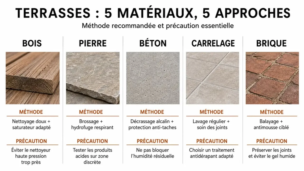 Terrasse nettoyage : tableau visuel des méthodes selon le bois, la pierre, le béton, le carrelage et la brique