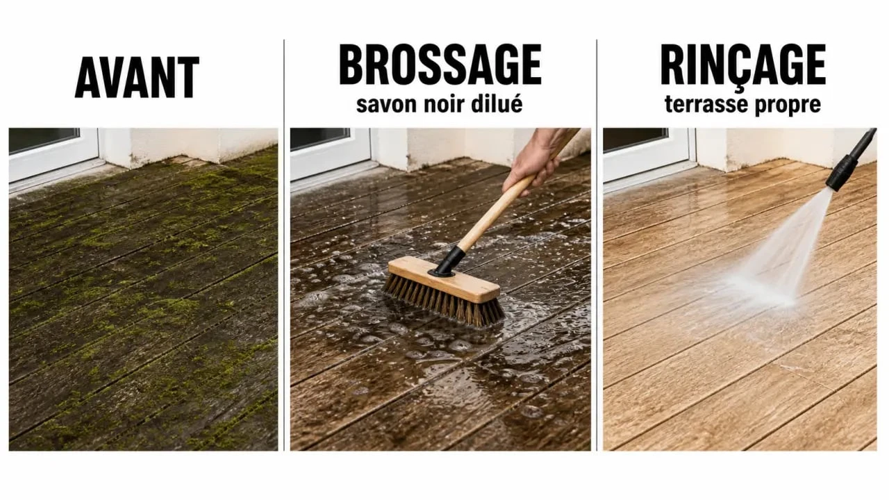 Terrasse nettoyage : étapes de brossage, savon noir et rinçage sur une terrasse extérieure