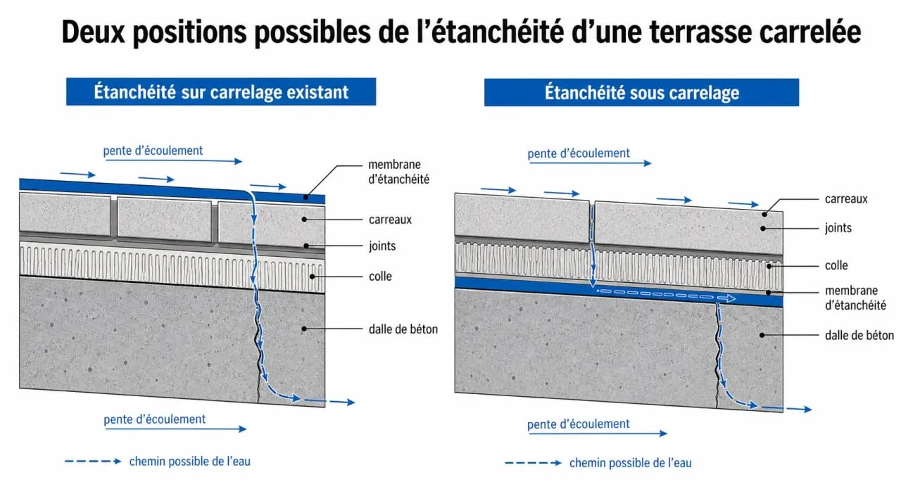 Coupe simplifiée de l’étanchéité sur carrelage terrasse