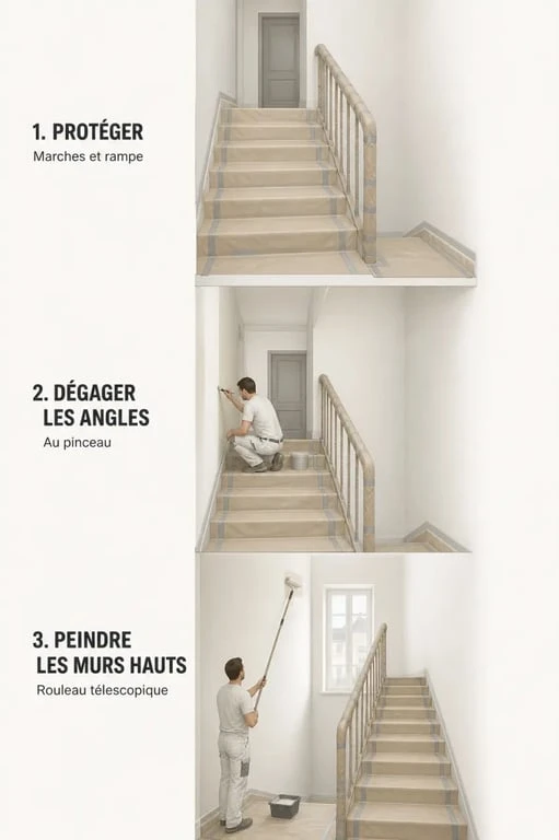 Comment peindre une cage d’escalier : séquence de préparation, protection et peinture des murs hauts