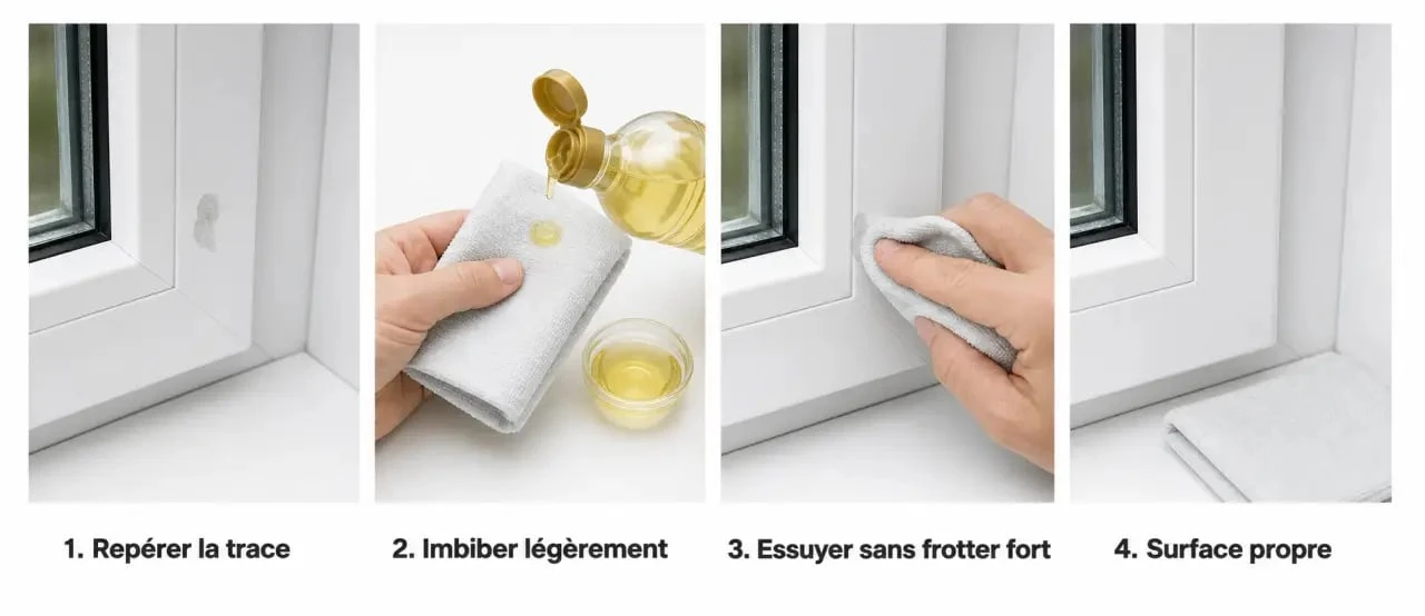 Enlever colle sur pvc fenetre avec chiffon doux et huile alimentaire, étape par étape