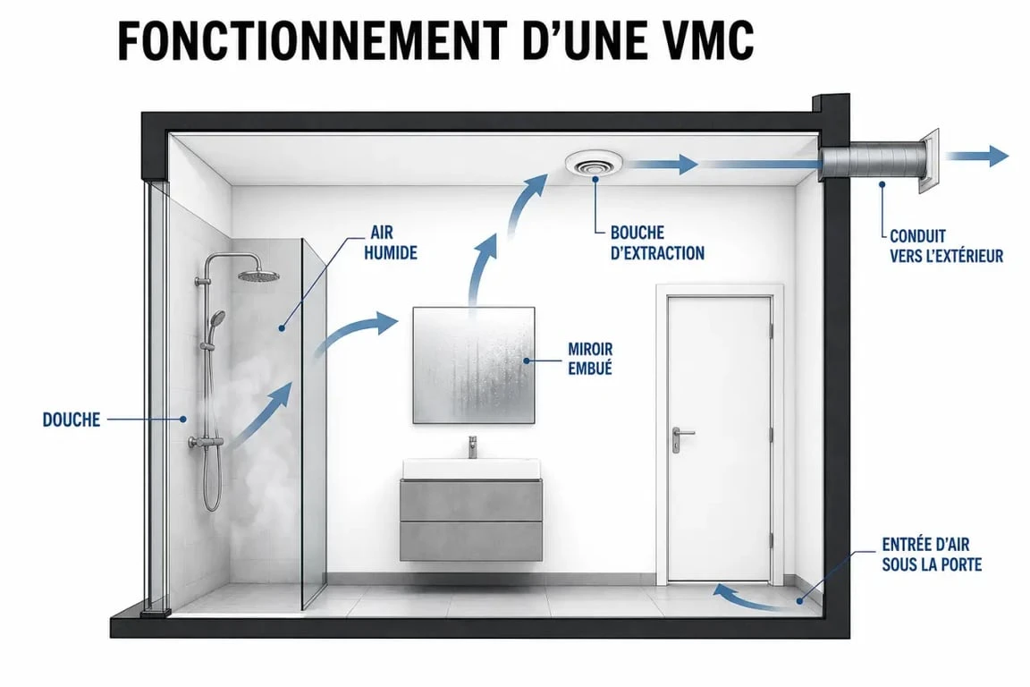 VMC pour salle de bain : schéma du flux d'air et de la bouche d'extraction