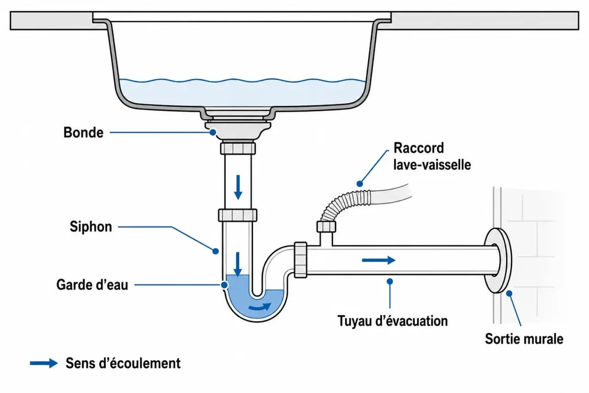 Schéma évacuation évier cuisine sous meuble avec bonde, siphon et lave-vaisselle