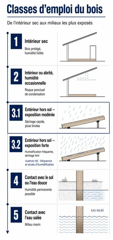 Traitement du bois classe : schéma des classes d’emploi 1 à 5 et des niveaux d’humidité