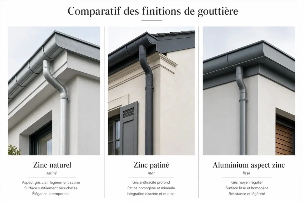 Comparaison de gouttière alu zinc, zinc naturel et zinc patiné sur façade de maison