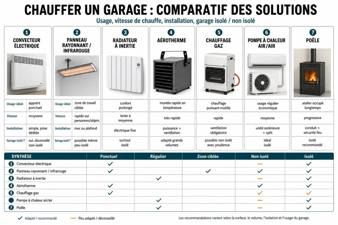 Chauffage pour garage : comparaison visuelle des solutions selon isolation, usage et vitesse de chauffe
