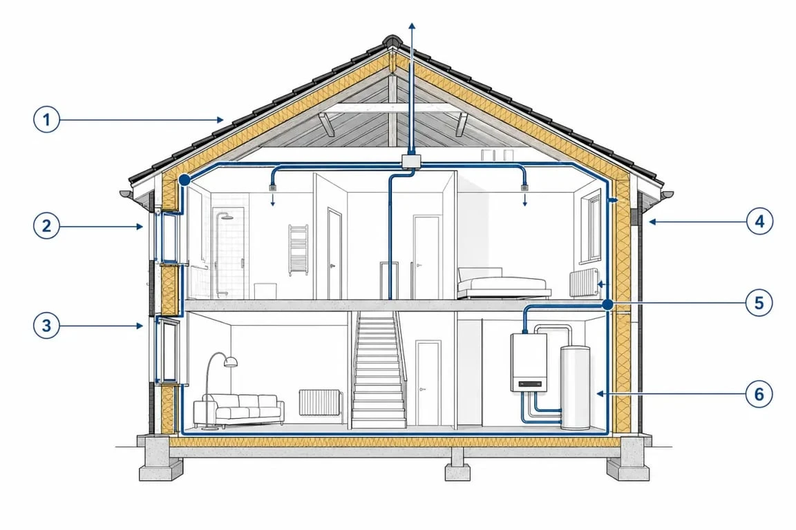 Rénovation énergétique maison : maison en coupe montrant toiture, murs, fenêtres, ventilation et chauffage