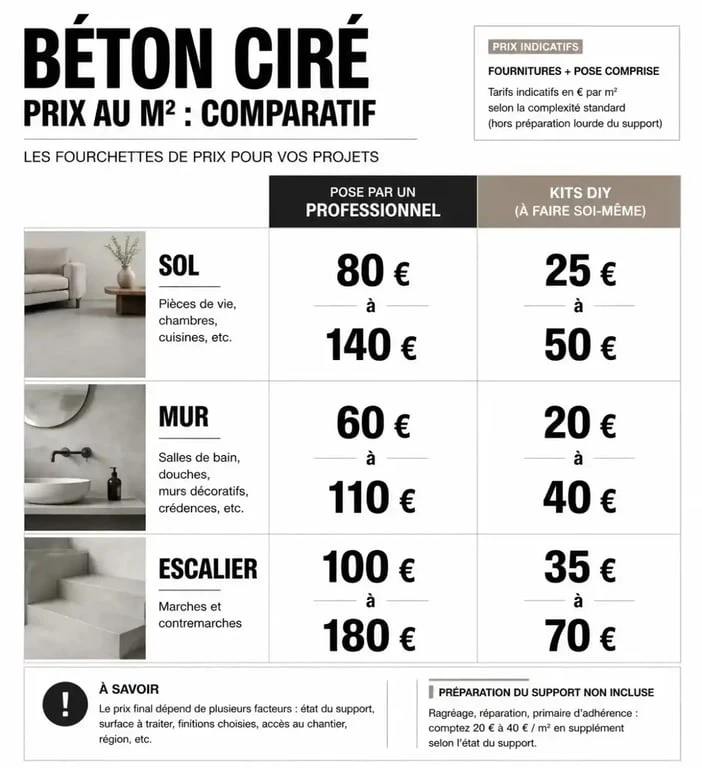 Infographie des prix du béton ciré au m2 selon le type de pose et l'usage