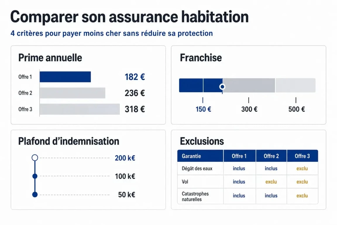 Comparateur assurance habitation moins cher : visuel comparatif des critères prime, franchise, plafond et exclusions