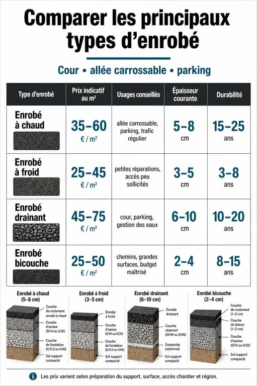 Enrobé prix m2 : comparaison visuelle des types d’enrobé, usages et fourchettes de prix au m²