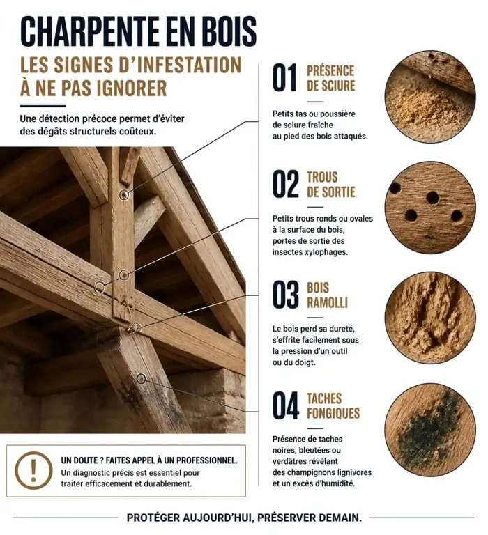 Signes d'alerte pour le traitement de charpente bois : sciure, trous et dégradation du bois.