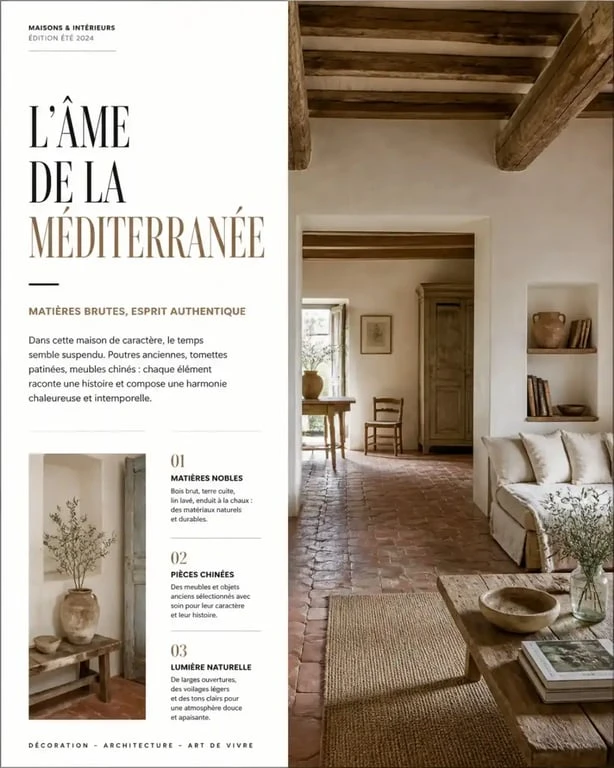 Cuisine de style méditerranéen rustique avec tomettes et bois brut