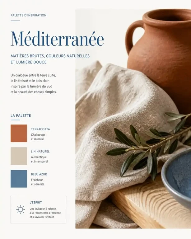 Détails de décoration méditerranéenne avec matières naturelles et couleurs terreuses