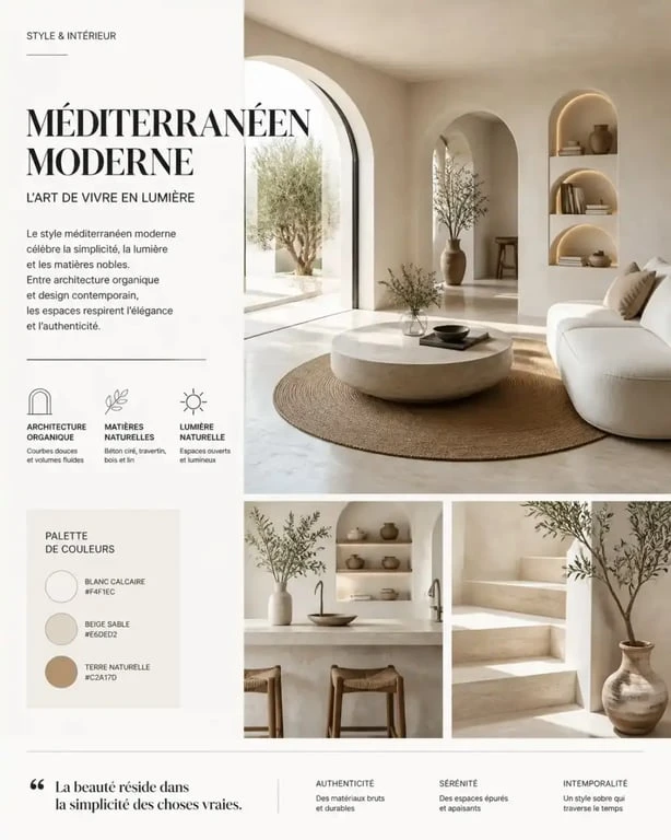 Salon de style méditerranéen moderne avec décoration épurée et matériaux naturels