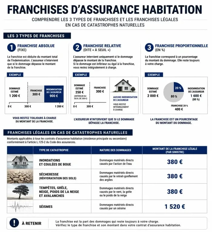 Infographie explicative sur les types de franchises et astuce pour ne pas payer de franchise habitation