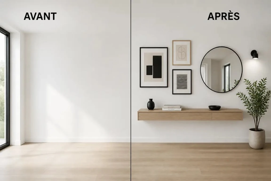 Idée pour décorer mur blanc dans un salon avec cadres, miroir rond, étagère flottante et plante