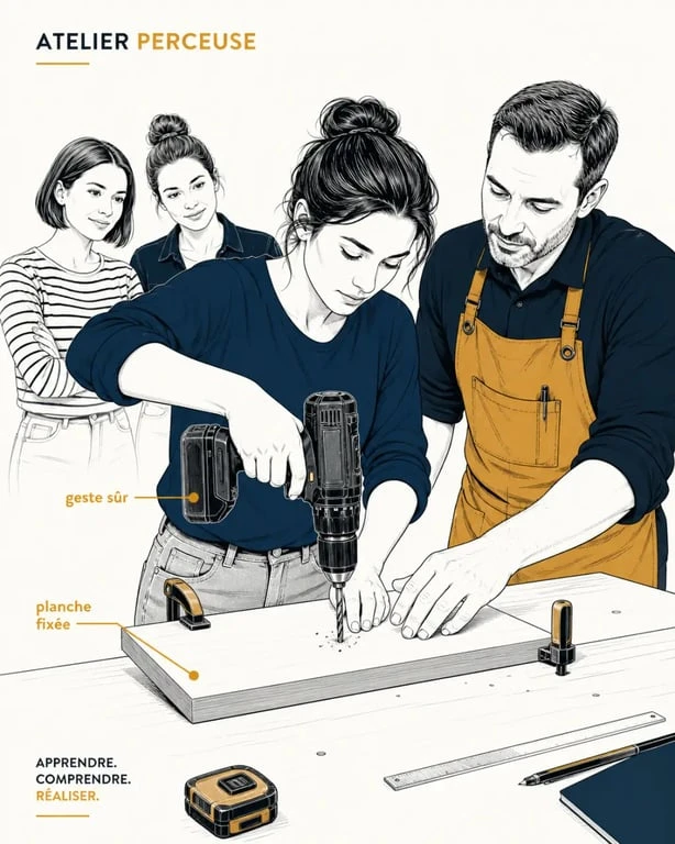 Cours de bricolage femme en atelier, participante apprenant à utiliser une perceuse avec un formateur