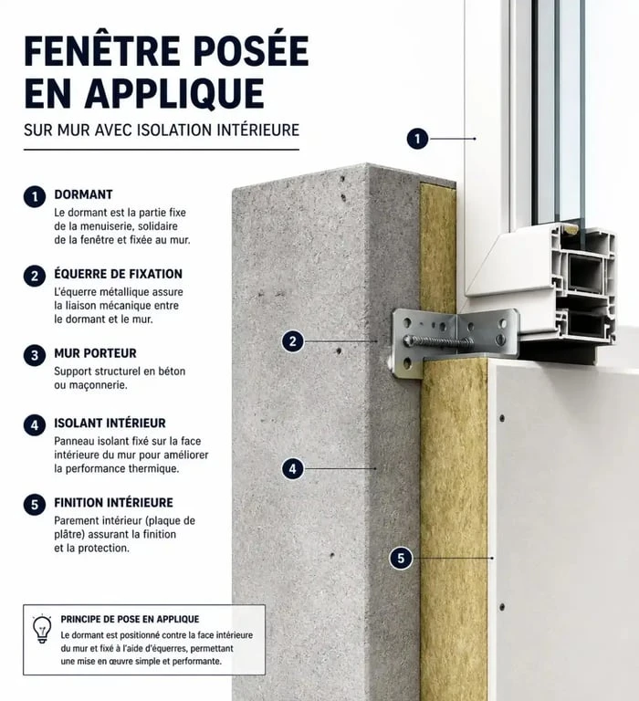 Schéma de pose d'une fenêtre en applique avec isolation intérieure