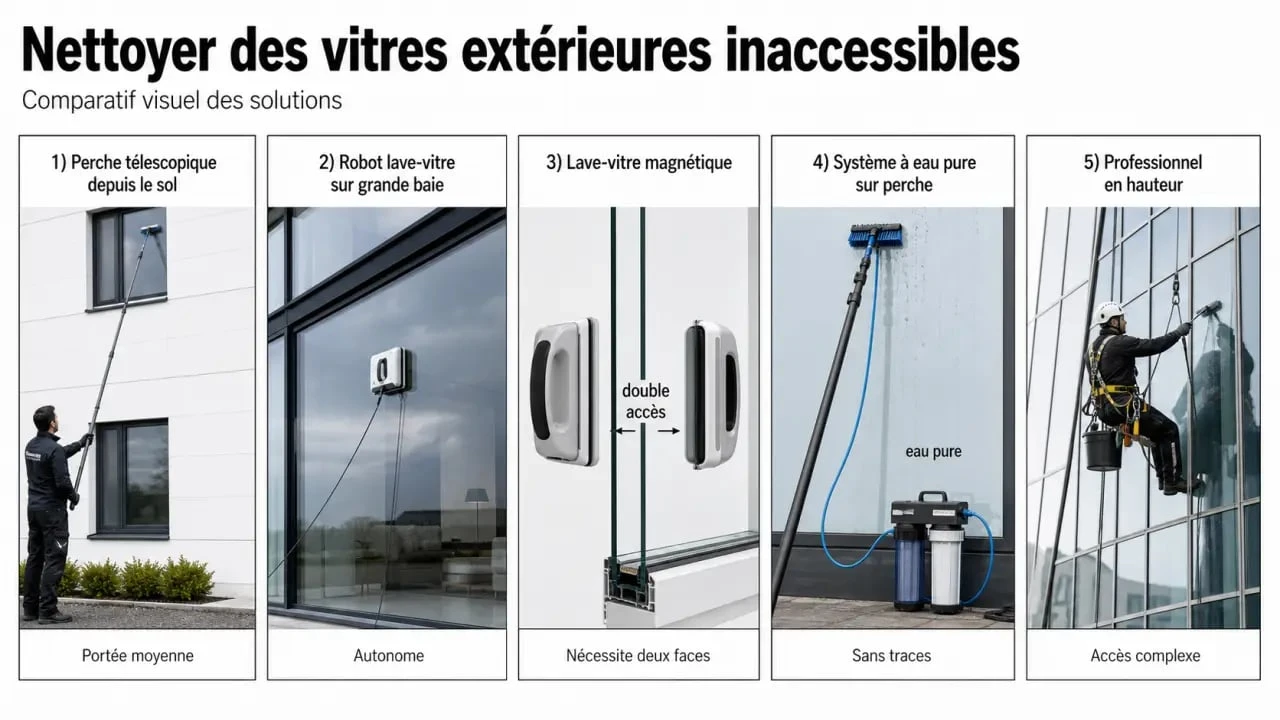 Nettoyer vitres extérieures inaccessibles : comparaison visuelle des solutions avec perche télescopique, robot lave-vitre, lave-vitre magnétique et eau pure