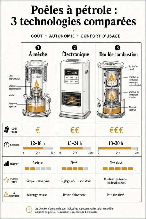 Comparatif des types de poêle à pétrole : mèche, électronique et double combustion