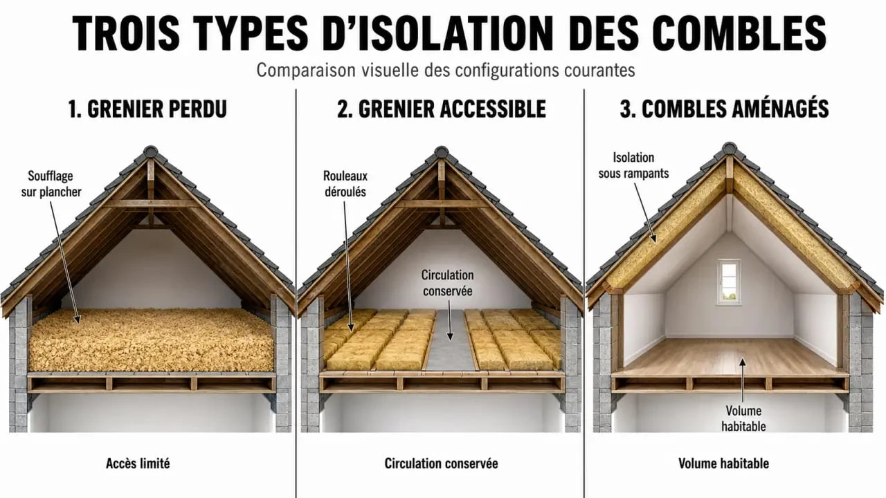 Isolant pour grenier : comparaison visuelle des combles perdus, accessibles et aménagés