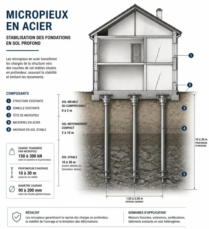 Schéma de fonctionnement d'une maison sur micropieux pour la stabilisation des fondations