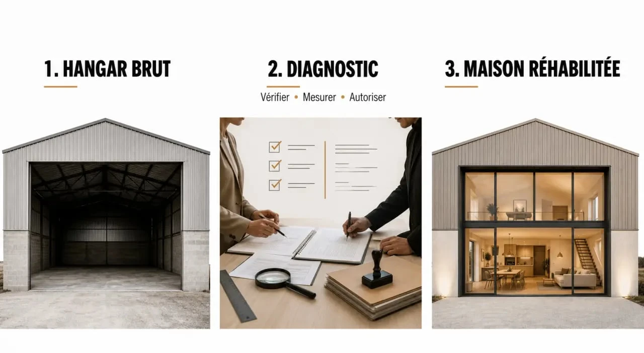 Hangar en maison : transformation en trois étapes du bâtiment brut à l’habitation lumineuse