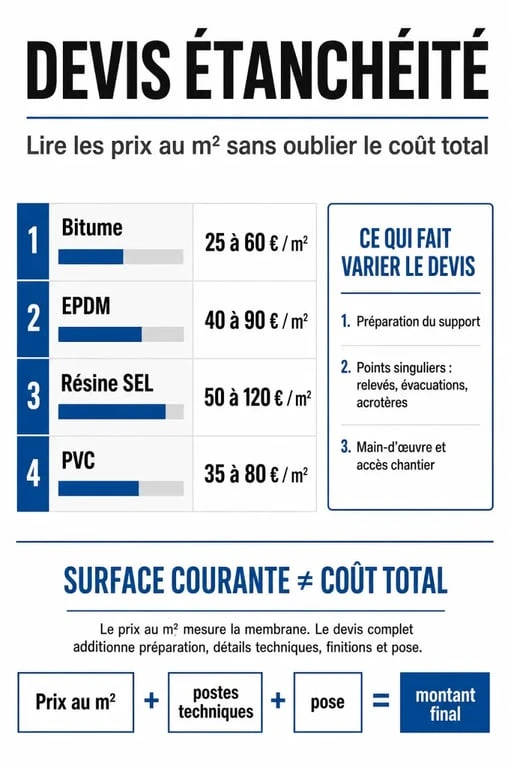 Infographie sur le devis étanchéité avec prix au m², postes de coût et principaux facteurs de variation