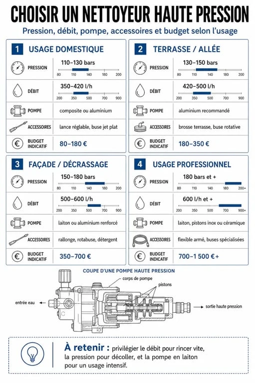Comparateur nettoyeur haute pression : infographie des usages, pressions, budgets et critères de choix