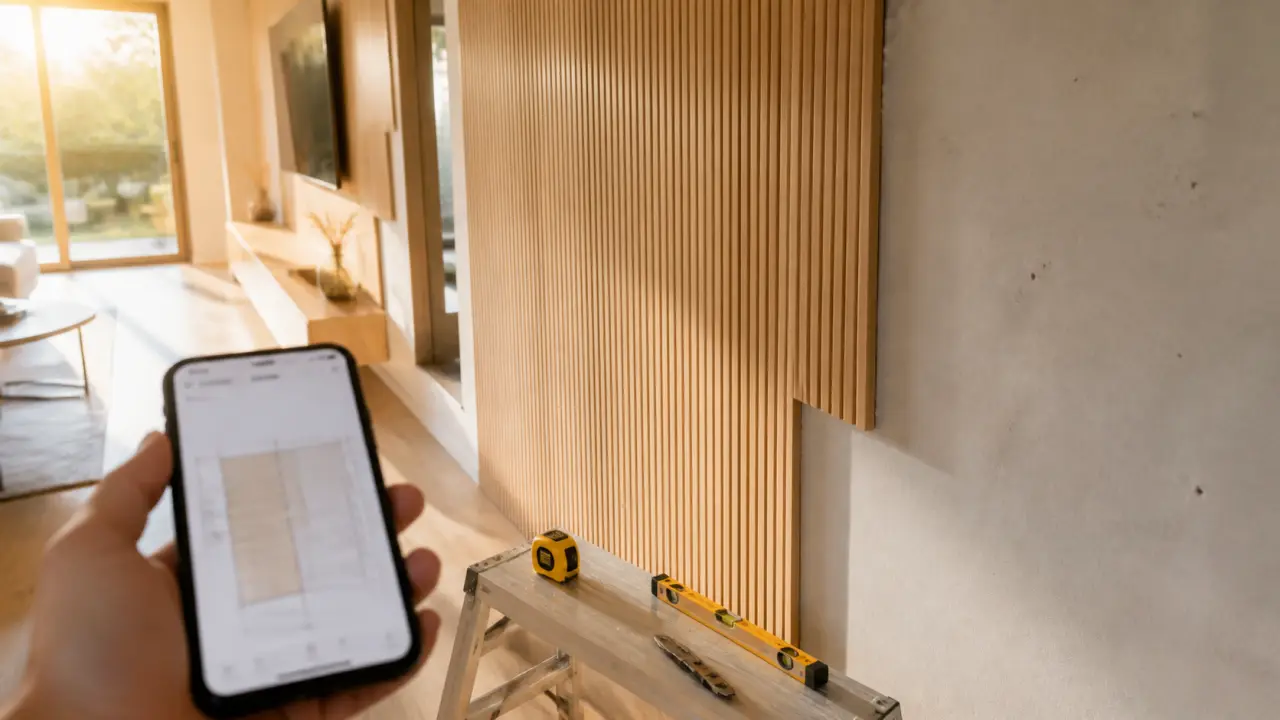 Habillage mur interieur moderne bois et PVC dans un salon