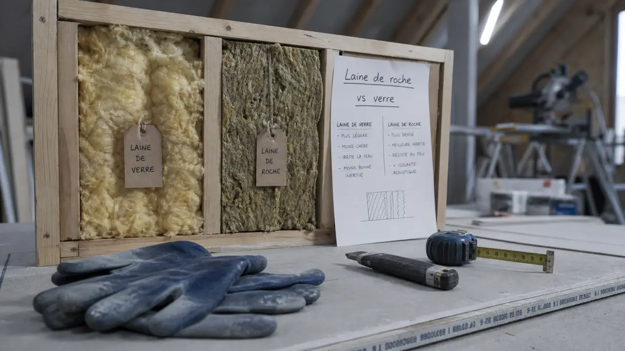 Laine de roche et laine de verre : échantillons d’isolant minéral pour combles et murs