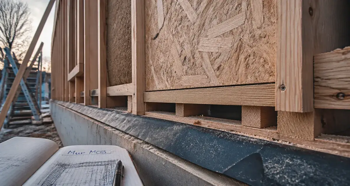 Mur à ossature bois avec OSB 12 mm et pare-pluie, chantier.