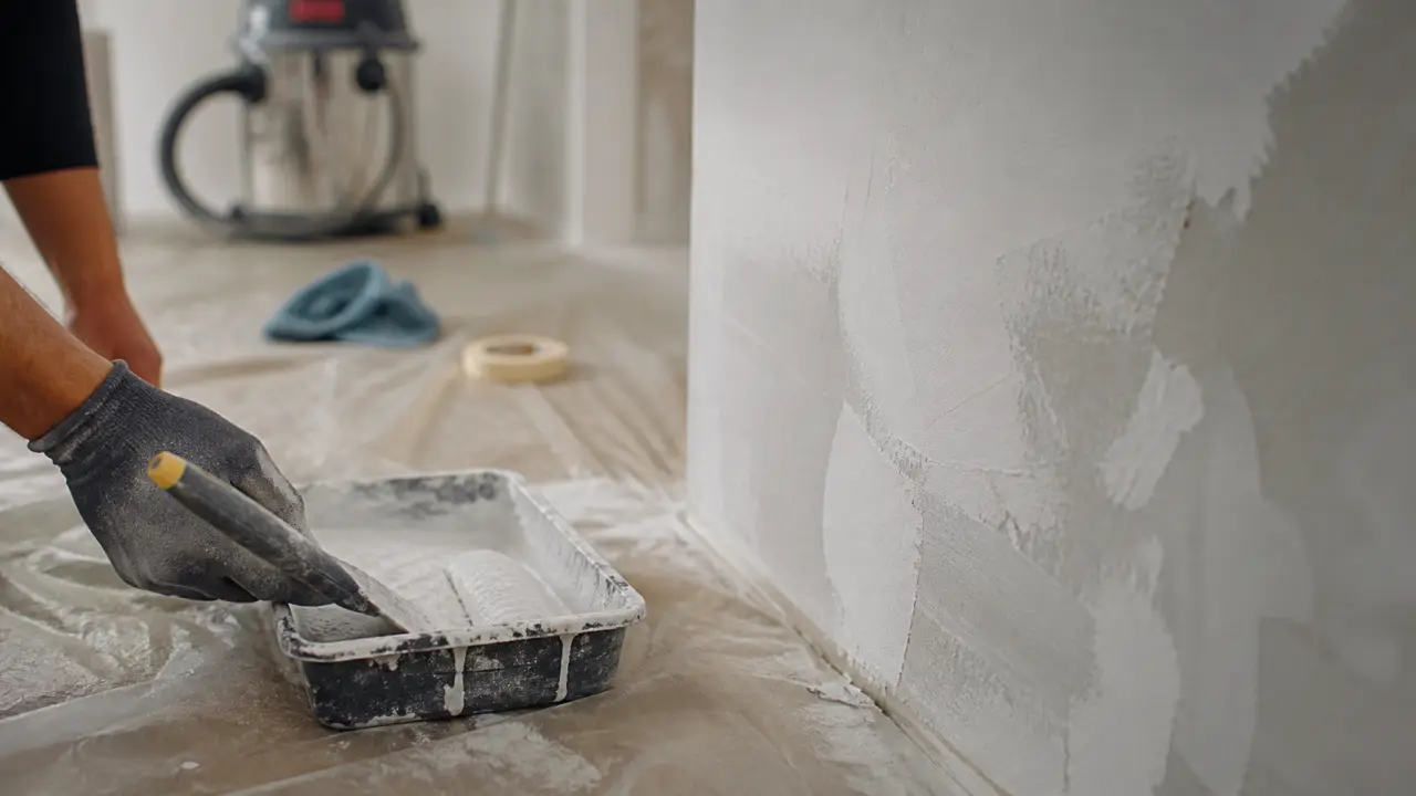 Peindre du platre : sous-couche blanche sur mur plâtre, outils et ponçage