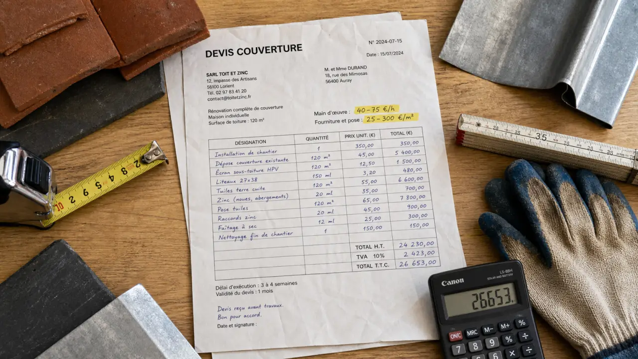 Tarif couvreur : prix à l’heure et frais du devis