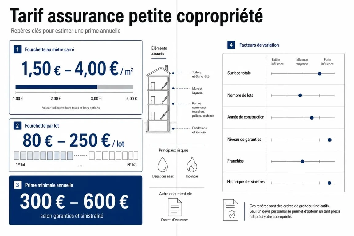 Tarif assurance petite copropriété : infographie des prix au m², par lot et des garanties à vérifier