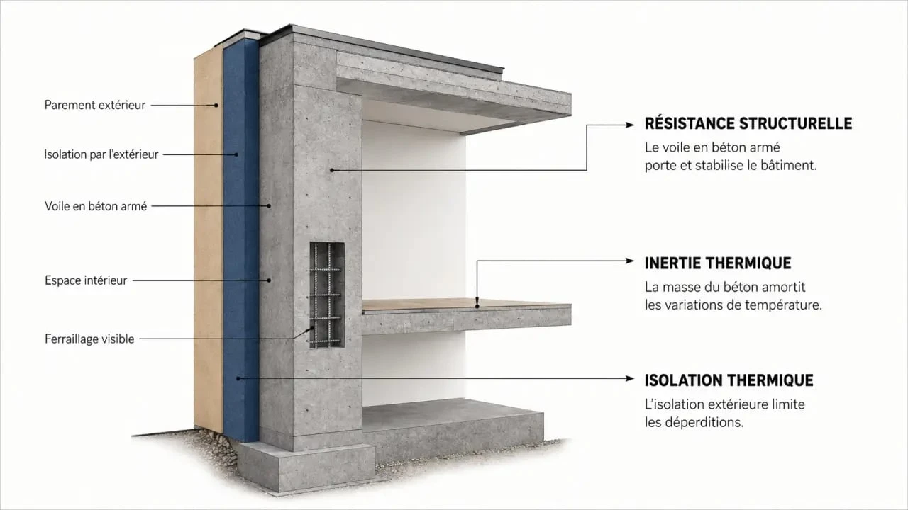 Infographie d’une maison en béton banché avec isolation thermique par l’extérieur