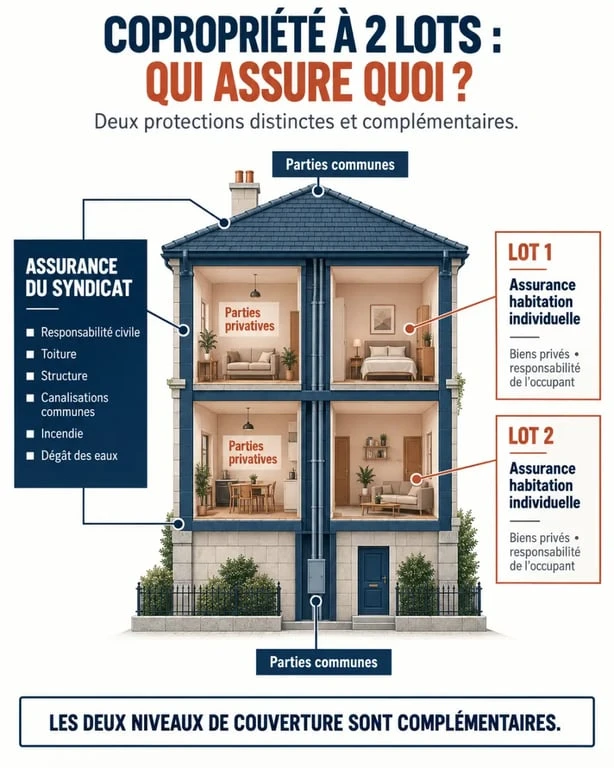 Infographie sur l’assurance copropriété 2 lots et la distinction entre parties communes et logements privatifs