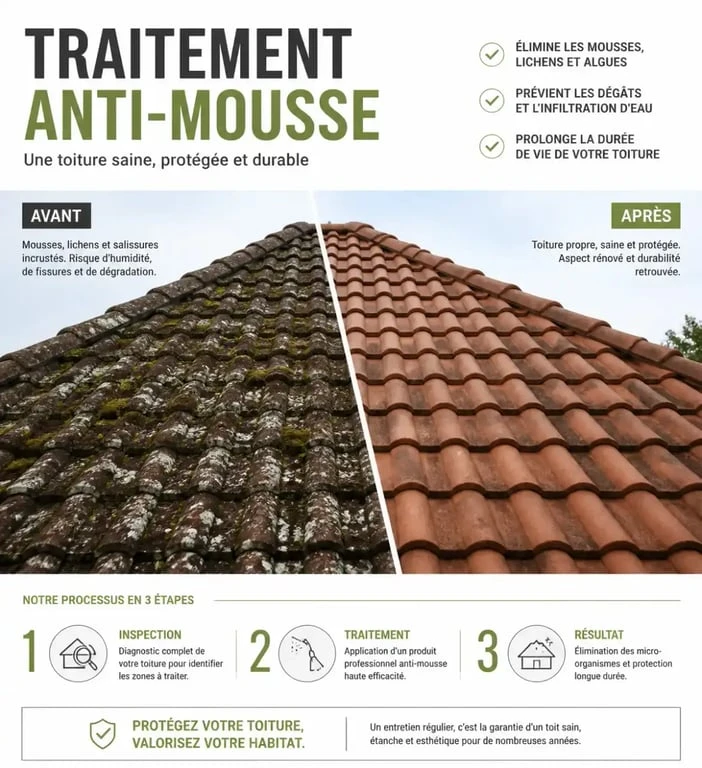 Résultat avant et après l'application d'un antimousse sur toiture.