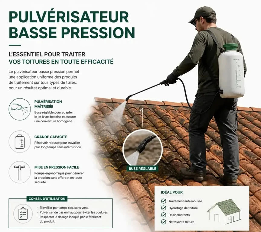 Application d'un produit antimousse sur toiture avec un pulvérisateur basse pression.
