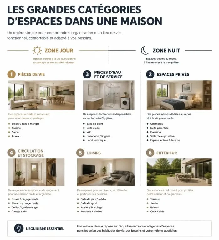 Infographie des différentes pièces dans une maison et de leur fonction