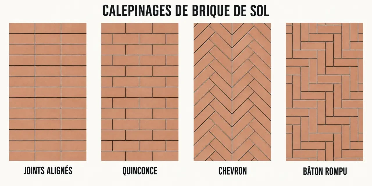 Quatre motifs de pose de brique sol : joints alignés, quinconce, chevron, bâton rompu