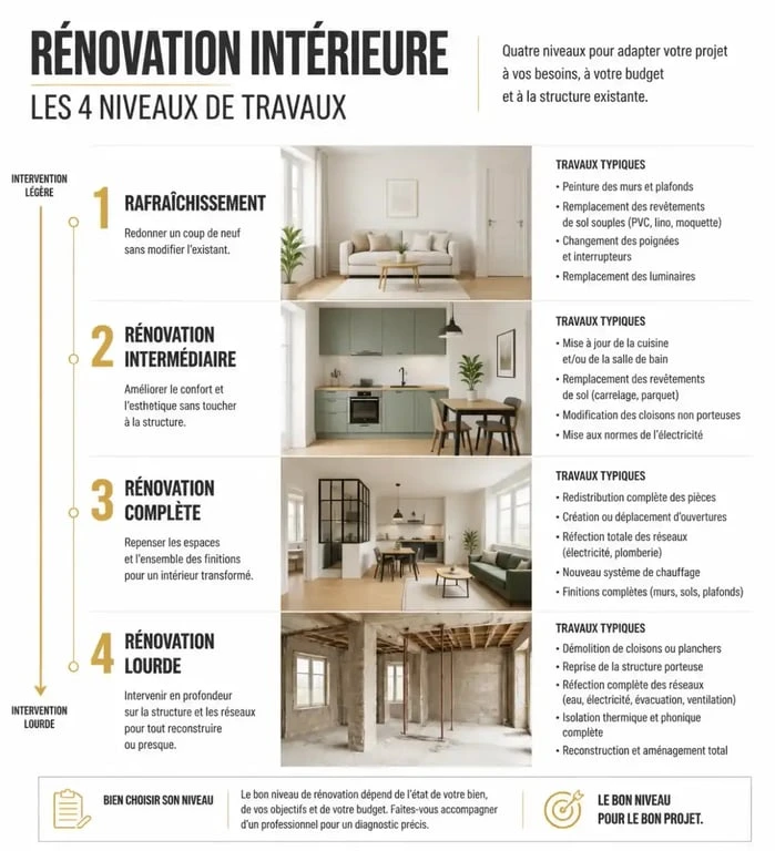 Infographie des niveaux de rénovation intérieure pour une maison à Dole
