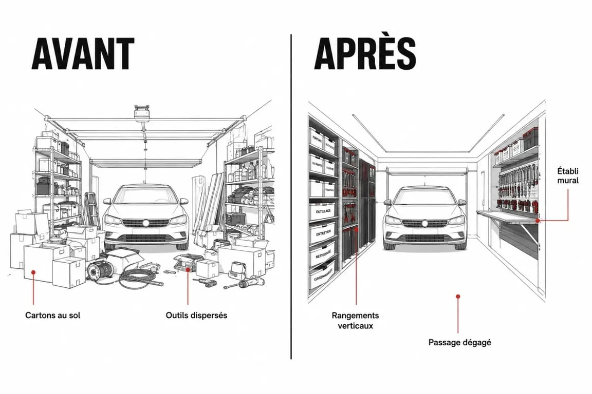 Aménager un atelier dans son garage : avant après d’un espace encombré transformé en atelier compact et rangé