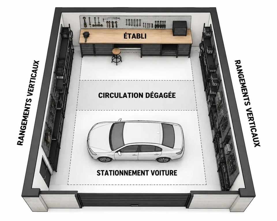 Aménager un atelier dans son garage avec zoning clair entre établi, circulation, rangement et stationnement
