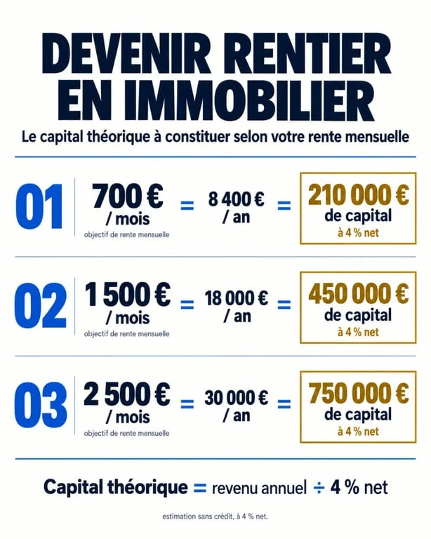 Infographie sur le capital nécessaire pour devenir rentier en immobilier selon la rente mensuelle visée