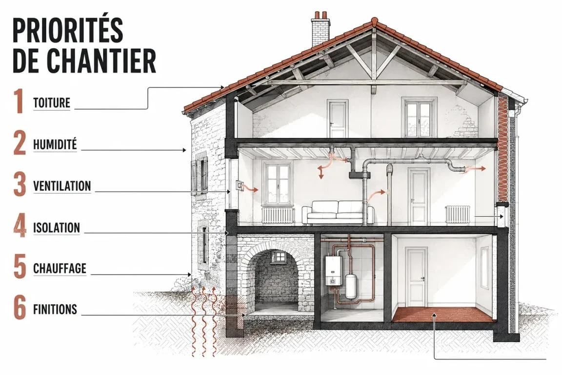 Aide à la rénovation maison ancienne : schéma éditorial des étapes prioritaires de chantier