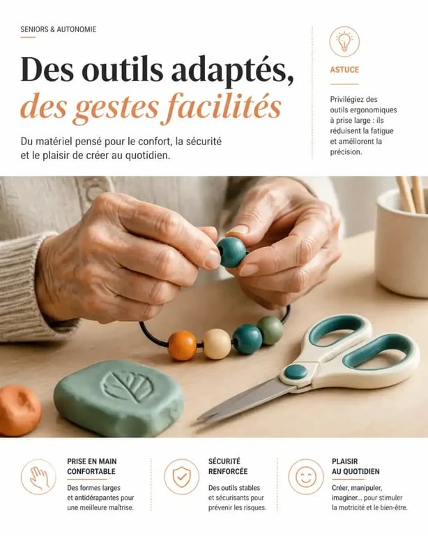 Mains âgées manipulant du matériel adapté pour un atelier de bricolage facile pour personnes agees