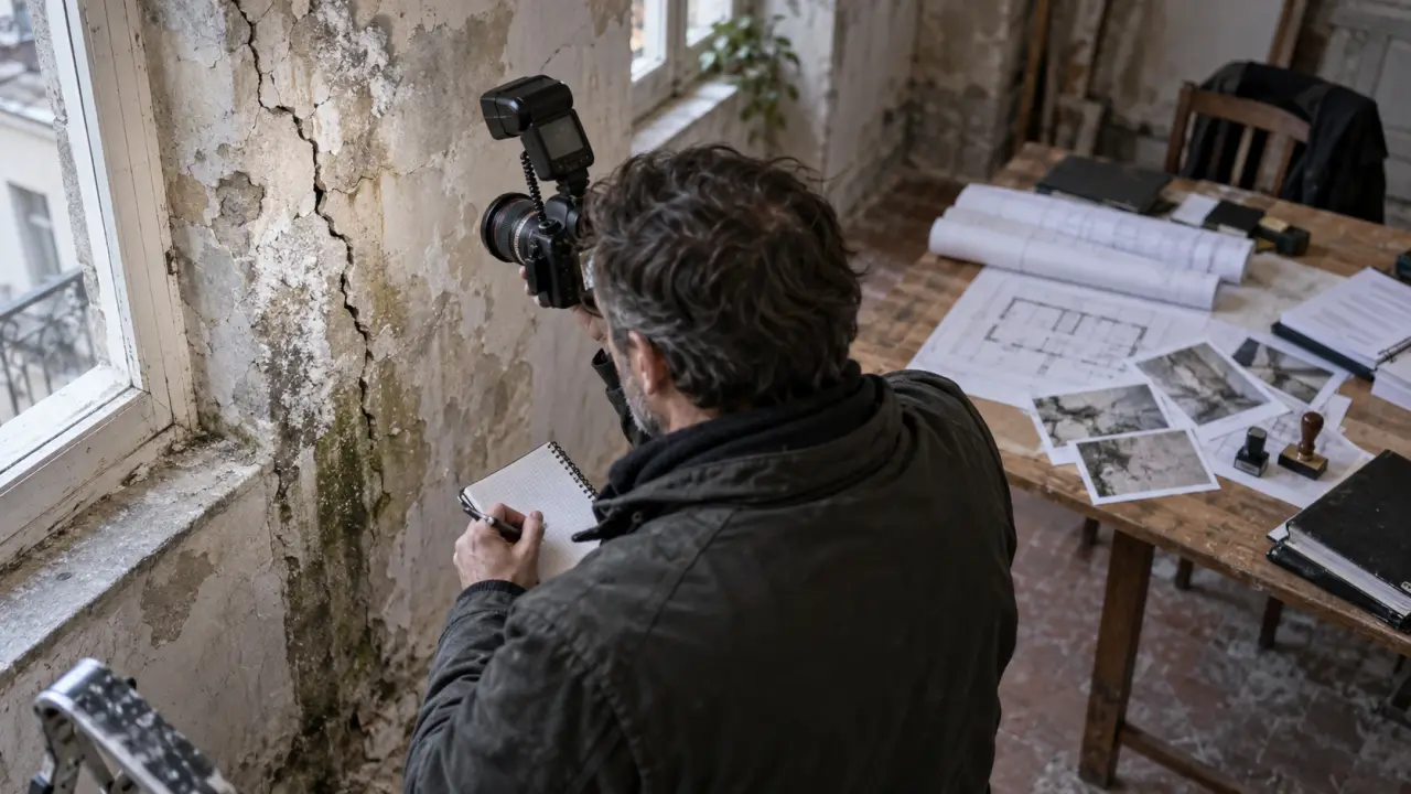Expert en batiment independant : fissure et humidité sur mur de façade, avant litige