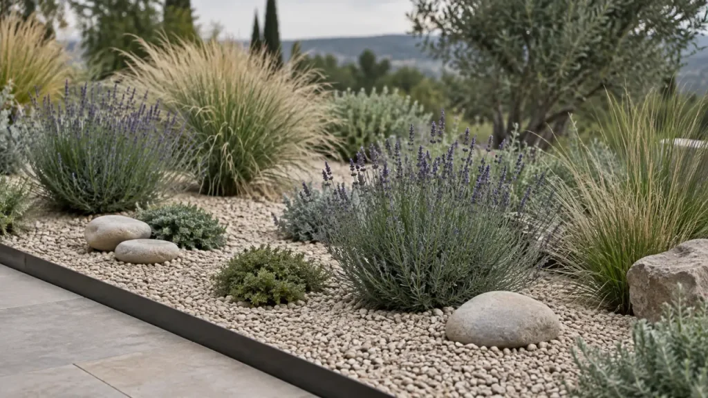 Un jardin minéral sans entretien repose sur 5 cm de gravier bien posé